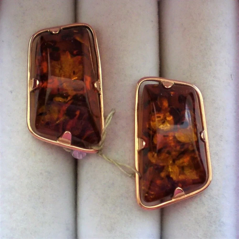 Vintage Russian Russia USSR NEW OLD STOCK 14K 583 Rose Pink Gold Amber Cufflinks